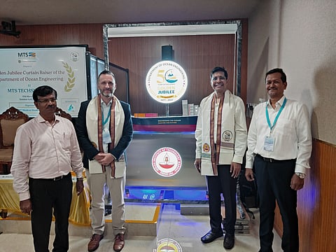 Prof V Kamakoti, Director, IIT Madras, unveils Golden Jubilee logo of the Dept of Ocean Engineering at the campus today 
