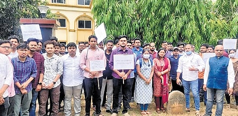 The protesting doctors in front of the OPSC office on Monday 