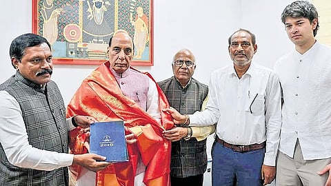 Dr P Venkata Lakshmaiah, Chairman of State Veterinary Council, CL Venkata Rao, former chairman of Swachh Andhra met Defence Minister Rajnath Singh 