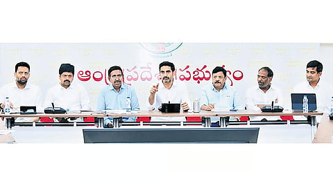 Minister for HRD and IT Nara Lokesh addressing the Cabinet Sub-Committee meeting at his residence in Undavalli on Tuesday 