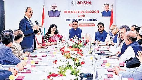 CM Mohan Charan Majhi chairing the roundtable with investors and industry leaders. Also present are Industries minister Sampad Chandra Swain, Bhubaneswar MP Aparajita Sarangi 