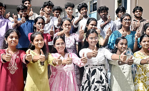 Class 12 students celebrate at Everwin Higher Secondary School, Chennai, after the results were declared on Friday.