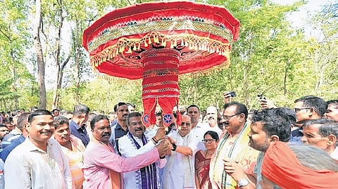 Union Minister Pradhan at Bhima Mandali in Sambalpur on Sunday. 