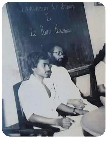 V D Satheesan with Fr Austin Mulerikal attending a discussion at SH College, Thevera in 1984.