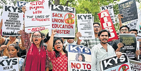 Students stage protest against the NTA at Jantar Mantar on Thursday.