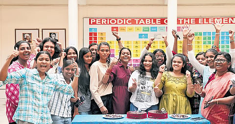 Students of Cotton Hill Government Girls HSS, Thiruvananthapuram, celebrate their success in the SSLC examination.