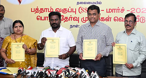 School Education minister Raj Mohan releases the 10th standard result at Anna centenary library in Kotturpuram on Wednesday.
