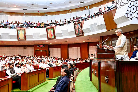 Mumbai: Maharashtra Governor Acharya Devvrat delivers a speech at the Vidhan Bhavan on the first day of the Budget Session of the State Legislative Assembly in Mumbai on Monday, February 23, 2026. (Photo: IANS/CMO)