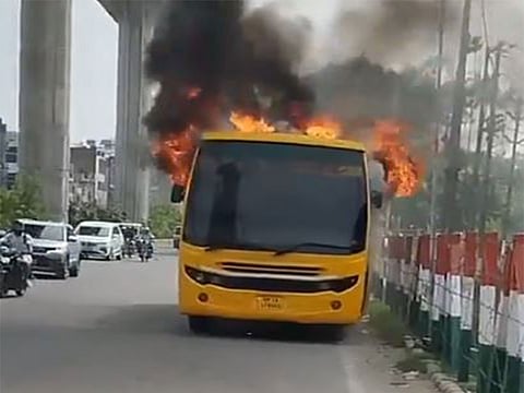 Ghaziabad: Fire breaks out in school bus brought for maintenance; no casualties