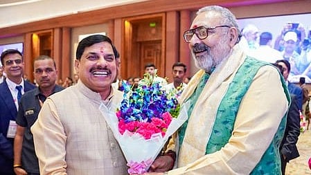 New Delhi: Madhya Pradesh Chief Minister Dr Mohan Yadav with Union Minister for Textiles Giriraj Singh during Bharat Tex 2026 at Bharat Mandapam in New Delhi on Thursday, July 16, 2026. 