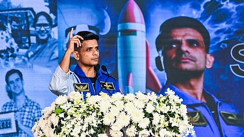 26/11/2025 - Bhubanesswar - Astronaut Shubhanshu Shukla speaks to students at SAI International School in Bhubaneswar on Wednesday. Express / DEBADATTA MALLICK~26/11/2025 - Bhubanesswar - CM Mohan Majhi share a moment with astronaut Subhanshu Shukla