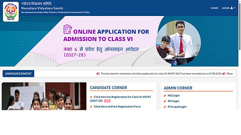 NVS Class 6 Admission 2026 application form closing on August 7