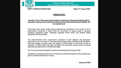 CBSE to Announce KVS, NVS, and EMRS Tier-II Recruitment Results Starting Mid-August 2026