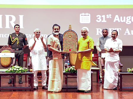 Kochi: Vice President C.P. Radhakrishnan with Kerala Governor Rajendra Arlekar, Chief Minister V.D. Satheesan and Union Minister of State for Petroleum and Natural Gas and Tourism Suresh Gopi during the silver jubilee celebrations of Rajagiri School of Engineering and Technology (RSET) in Kochi, Kerala, on Monday, August 31, 2026. (Photo: IANS/X/@VPIndia)