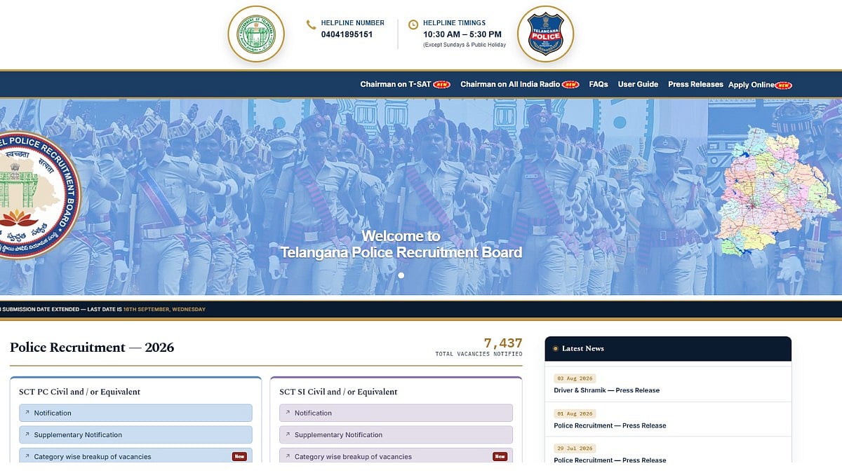 Telangana Police Recruitment 2026: Application deadline extended for 7,437 posts; apply by September 16