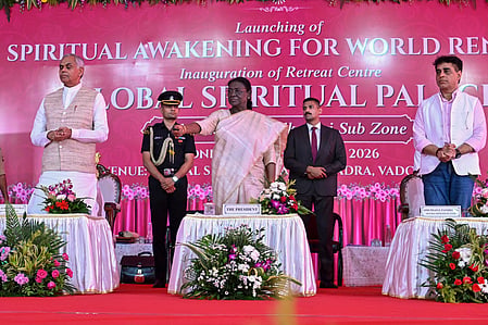 Vadodara: President Droupadi Murmu, with Gujarat Governor Acharya Devvrat and members of Brahma Kumaris, virtually launches the campaign ‘Youth for Viksit Bharat: Awakening Inner Strength for Nation Building’ of Brahma Kumaris during the inauguration of the ‘Global Spiritual Palace’ Retreat Centre in Vadodara, Gujarat, on Wednesday, September 23, 2026. (Photo: IANS/X/@rashtrapatibhvn)