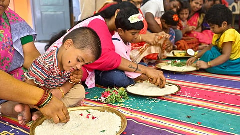 Children begin learning journey at Vidyarambham ceremony in Vadapalani
