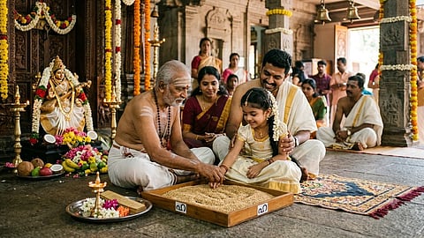 The Vidyarambham ceremony marks a child’s first formal introduction to written letters
