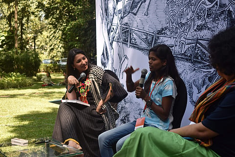 Poorna Malavath, youngest Mount Everest Climber in the centre and Author Aparna Jain on the left telling their stories to children at ChildrenILiteratureIFun