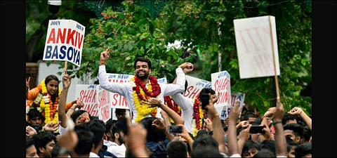 Baisoya, an MA student from DU's Department of Buddhist Studies, shot to power by winning 20,457 votes and was the poster boy for the party (Pic: Twitter/AbVP)