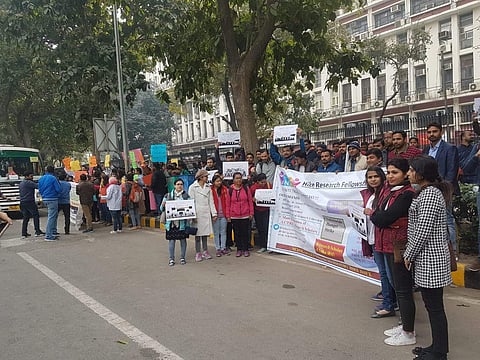 AIRSA and research fellows from all over India started protesting in front of the Ministry of Human Resource Development's headquarters in New Delhi  (Pic: Nikhil Gupta)