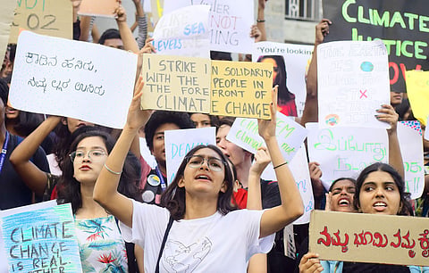 Students protesting at the Global Climate Strike (Pic: Pandarinath B)