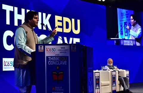 Feroze Varun Gandhi speaks at the ThinkEdu Conclave 2019 as TNIE Editorial Director Prabhu Chawla looks on  (Pic:Express/P Jawahar)