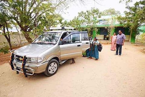 Anbuselvan picking up students from school and dropping them back at their homes in his car at Chinna Sengal in Karur  (Pic: Arvind Raj/Express)
