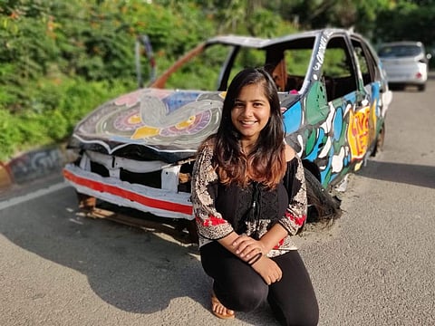 One of her most famous works is that she painted an abandoned car in Kukatpally and that really got her a lot of attention (Pic: Aayushi)