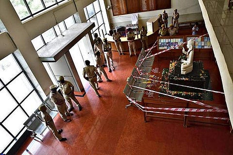 Around 100 policemen have been stationed on Bangalore University’s Jnana Bharathi campus where the Buddha statue has been placed, on Wednesday (pic: newindianexpress)
