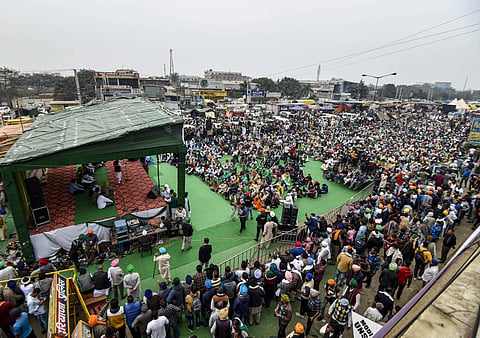 Farmers gather in large numbers at Singhu border during their 'Delhi Chalo' protest march against the Centre's new farm laws, in New Delhi, in New Delhi, Friday (Pic: PTI)