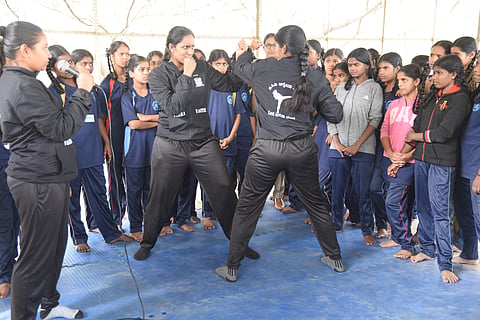 Self-Defense training for students at Adugodi Government School (Pics: Nagaraja Gadekal)