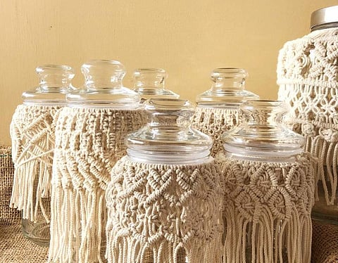 Glass jars covered with macramé (Pics: Kavia Udhayasuriyan)