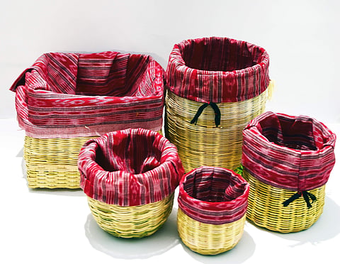 Bamboo storage basket set stitched with Sambalpuri handloom | (Pic: Mooi Toi)