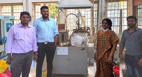 The team at Samudhyoga Waste Chakra with the pyrolysis unit | Pics: Dhivakar G