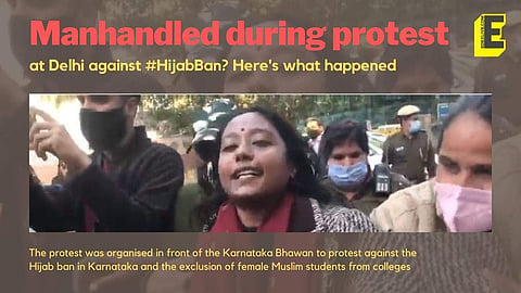 The protest was organised in front of the Karnataka Bhawan to protest against the Hijab ban in Karnataka (Pic: EdexLive)