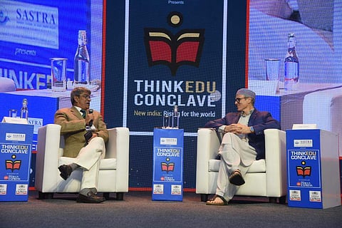 Omar Abdullah speaks with Shankkar Aiyar at the 11th edition of the ThinkEdu Conclave | Pic: Express/Satish Babu