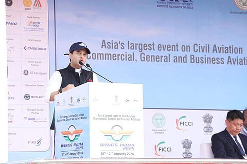 A picture of Union Civil Aviation Minister Jyotiraditya Scindia from Wings India 2024 event. Pic: @JM_Scindia