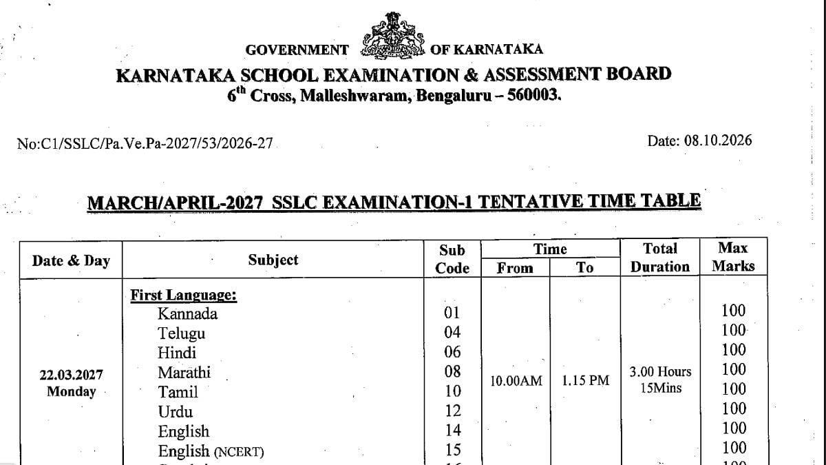 Karnataka SSLC Time Table 2027: Exam 1, 2 Dates Released
