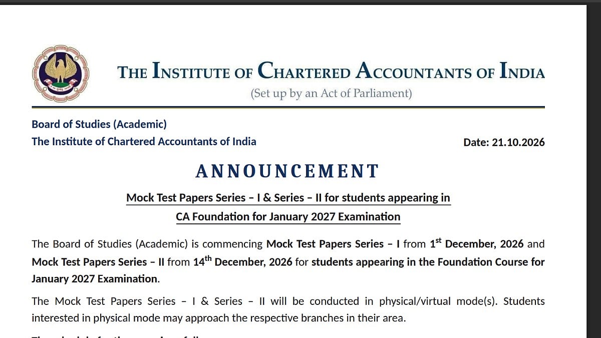 ICAI CA Foundation January 2027 Mock Test Dates, Schedule Out