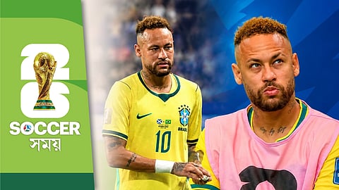 Brazil star Neymar Jr watching from the bench during the FIFA World Cup 2026 match against Japan, alongside a close-up of the forward in Brazil's jersey after the team's dramatic victory and qualification for the knockout stage