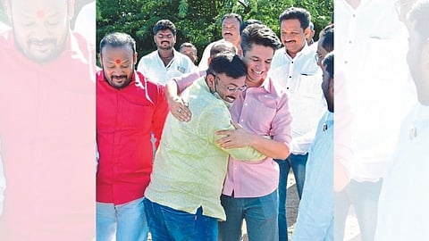 Satyajit Tambe hugs Paramvir Pandule of Mirajgaon 