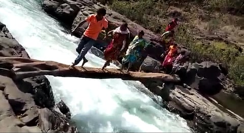 mokhada villagers use wooden stick for cross vaitarna river in palghar district 