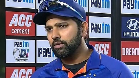 Rohit Sharma pointing fingers at the media after asked about Virat Kohli batting Form 