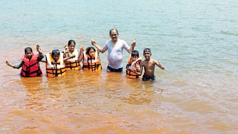 Swimming lessons for students from headmaster Deepak Bhujbal Kelghar