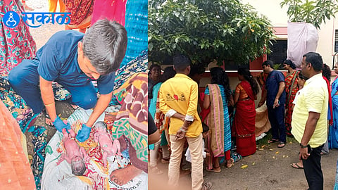 After the laborer gave birth on the road, while examining the twin girls, Dr. Rajendra Borse.