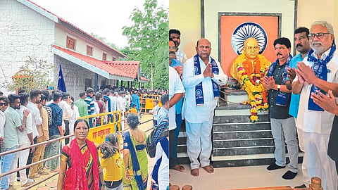 queue of followers to greet the Landor bungalow. followers saluting the statue of Babasaheb Ambedkar.