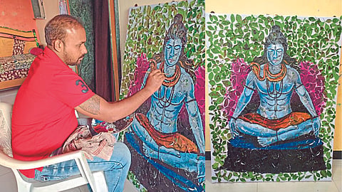 An image of Mahadev created by Santosh Raul using bela leaves