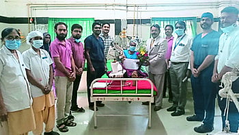 Dr Jaiprakash Ramanand and colleagues discharging Sriram Barela after three surgeries 