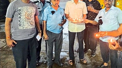 Employees celebrating Diwali at the fire brigade headquarters